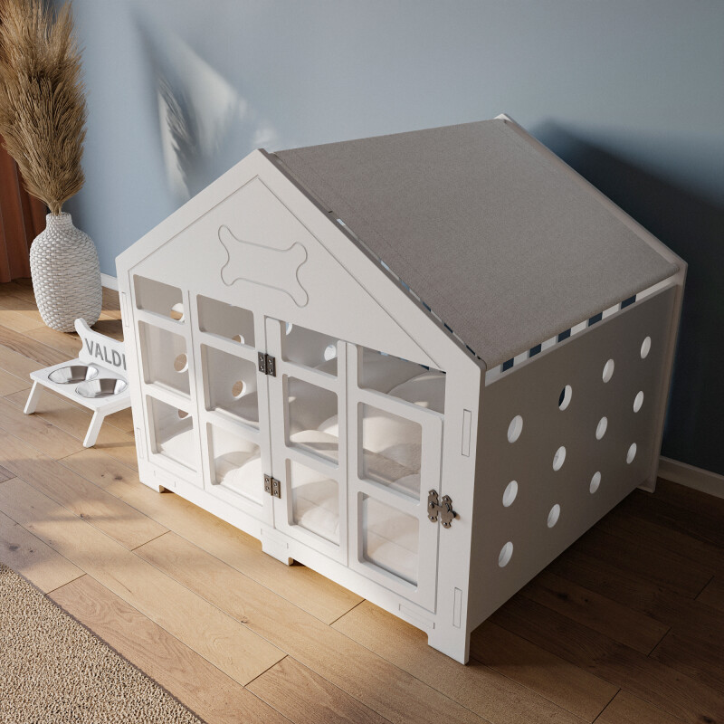 Modern Köpek Kulübesi Küçük Boy Kare Kapı Model, El Yapımı, Birinci Sınıf Ahşap, Hediye Mama Kabı