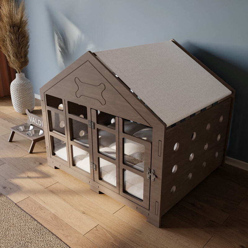 Modern Köpek Kulübesi Küçük Boy Kare Kapı Model, El Yapımı, Birinci Sınıf Ahşap, Hediye Mama Kabı