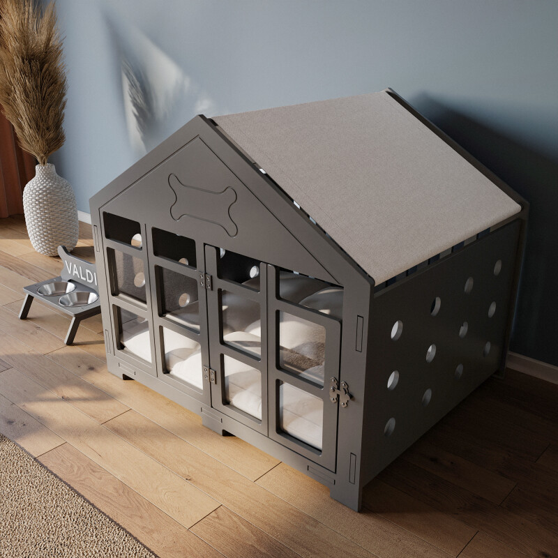 Modern Köpek Kulübesi Orta Boy Kare Kapı Model, El Yapımı, Birinci Sınıf Ahşap, Hediye Mama Kabı