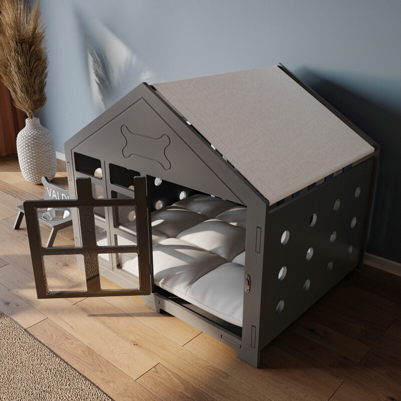 Modern Köpek Kulübesi Orta Boy Kare Kapı Model, El Yapımı, Birinci Sınıf Ahşap, Hediye Mama Kabı