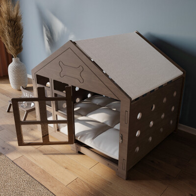 Modern Köpek Kulübesi Büyük Boy Kare Kapı Model, El Yapımı, Birinci Sınıf Ahşap, Hediye Mama Kabı